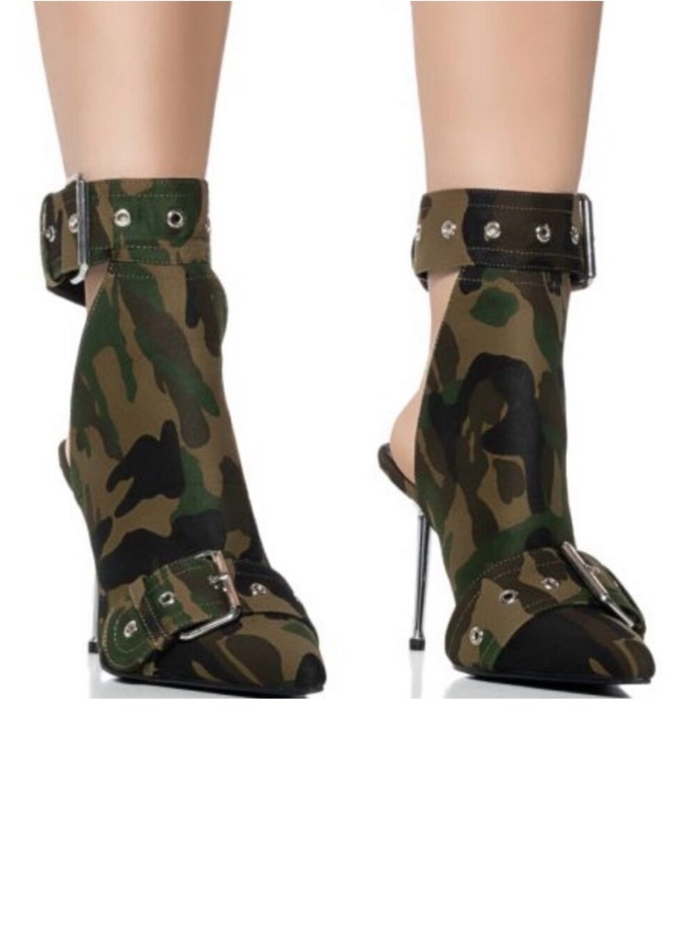 Camo Ankle Buckle Stiletto Heels - Green